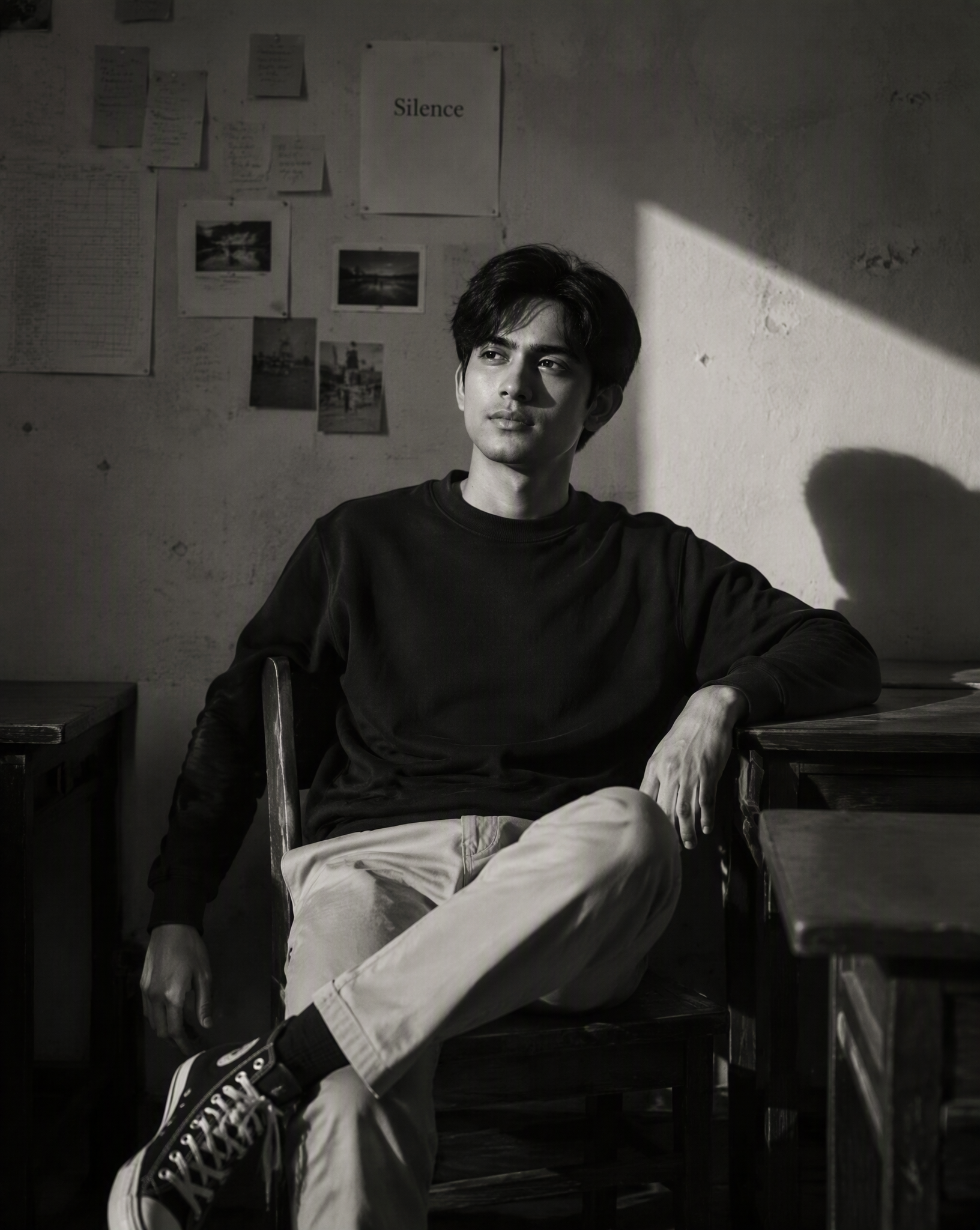 Create a high-contrast black and white portrait in a quie...