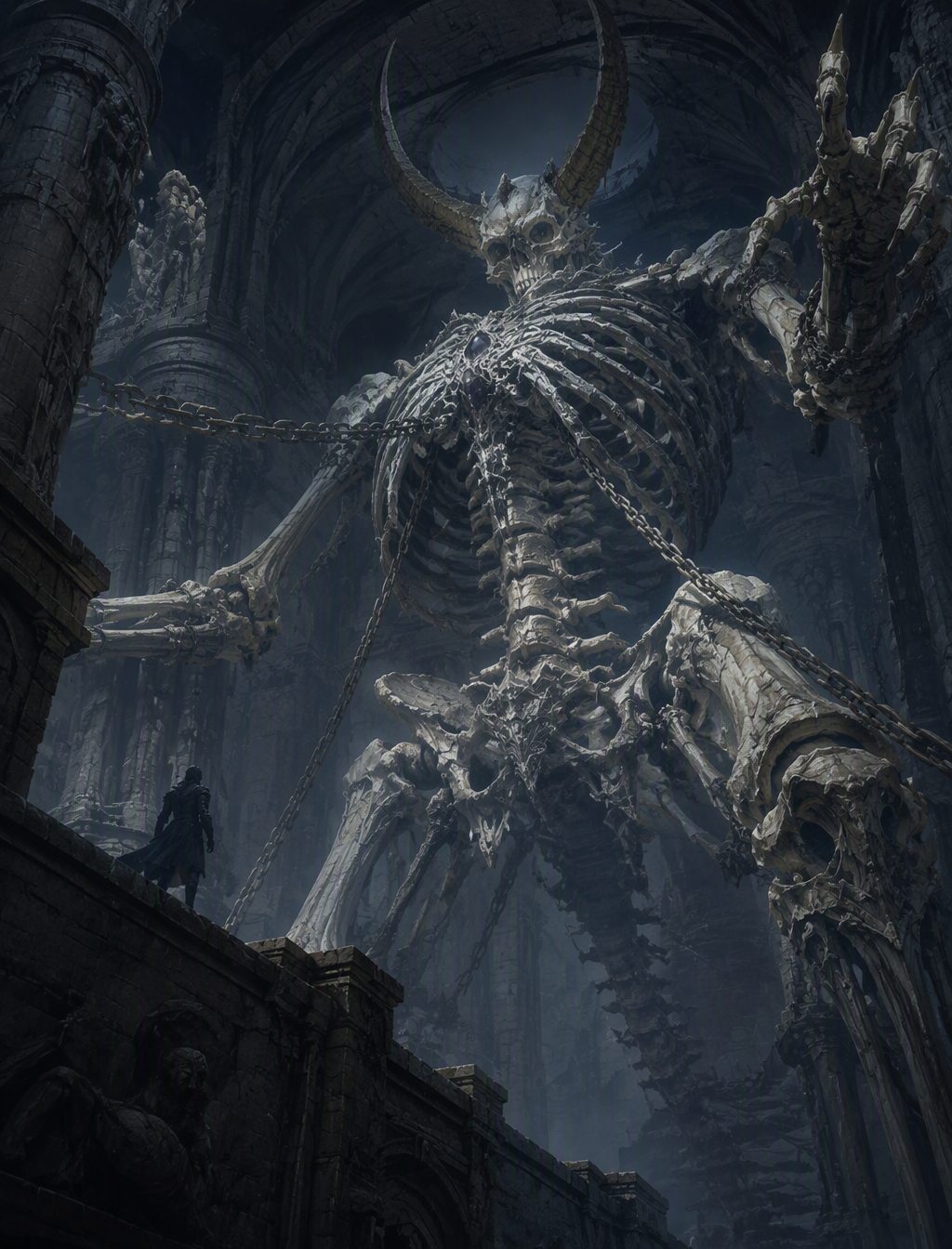 A retro anime style massive skeletal creature, huge, intr...