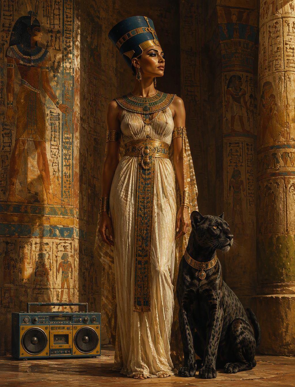 A dramatic oil painting depicting Egyptian Queen "Neferti...