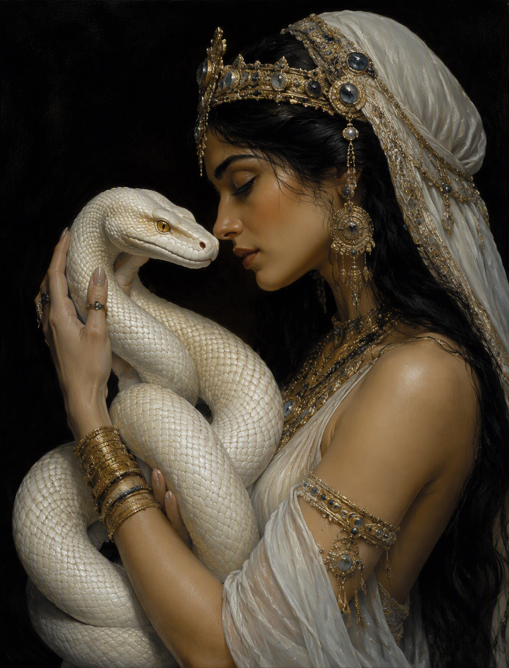 A mesmerizing hyper-realistic oil painting captures a ser...