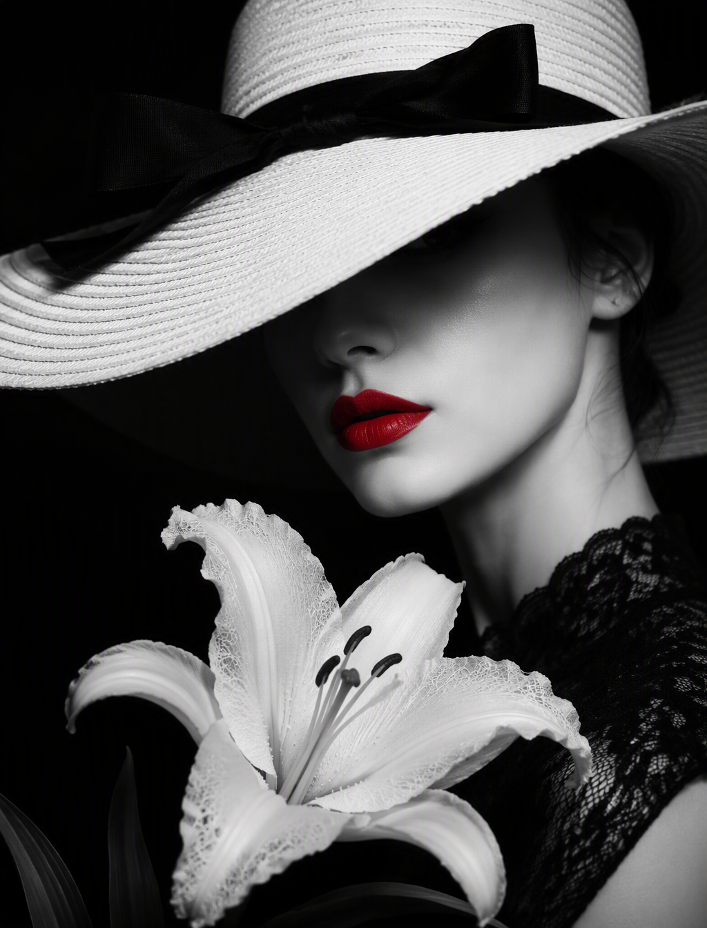 The striking black-and-white portrait photograph depicts ...
