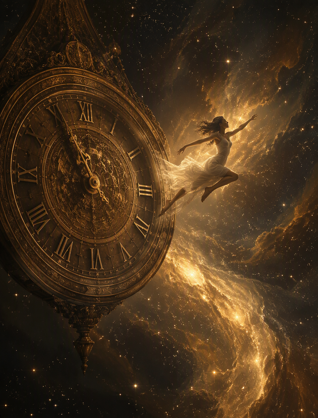 A digital painting of a grand, antique clock with intrica...