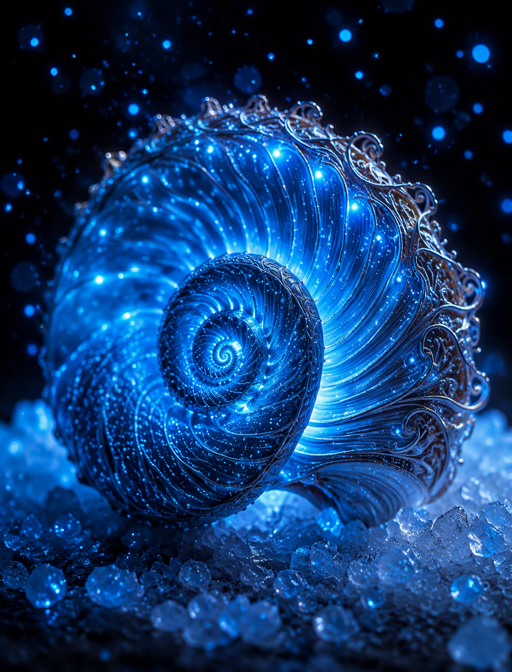 A mesmerizing and surreal image of a bioluminescent seash...