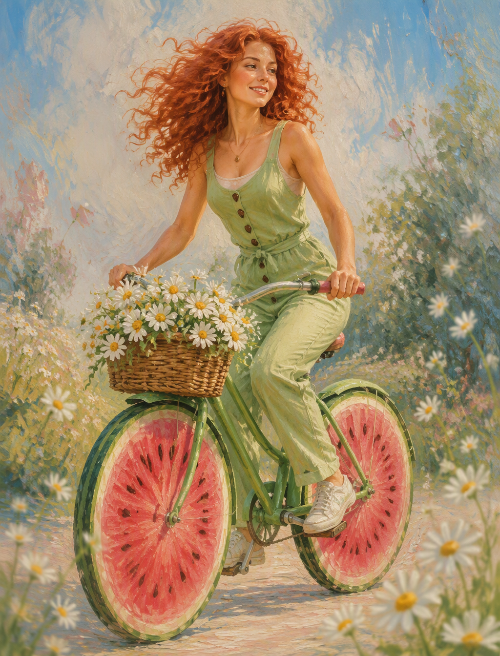 "The carefree, attractive adult woman with curly red hair...