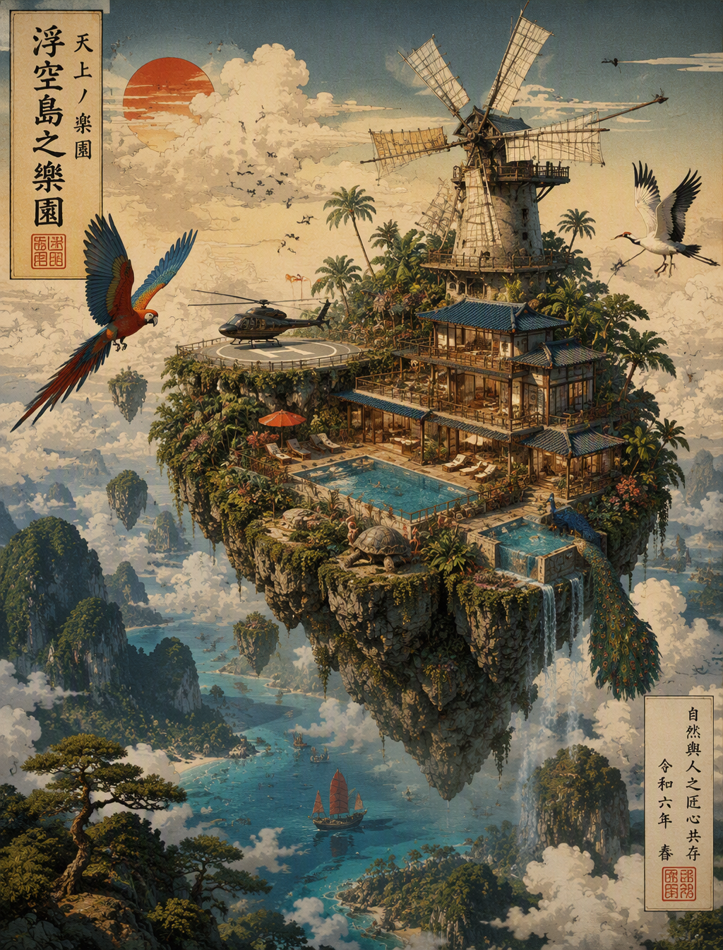 A surreal, Ukiyo-e-inspired 3D render of a floating islan...