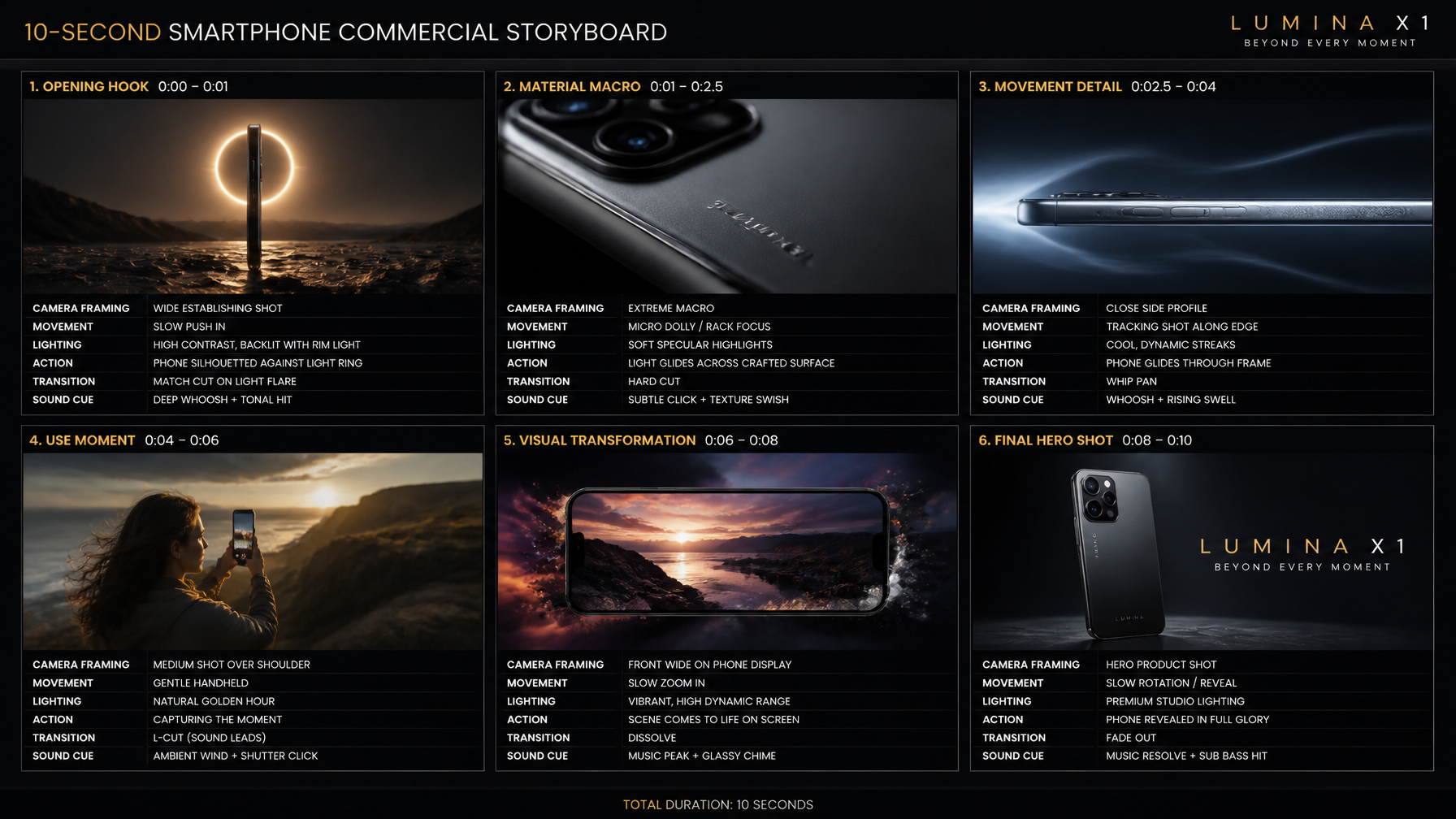 Create a 10-second cinematic product commercial storyboar...