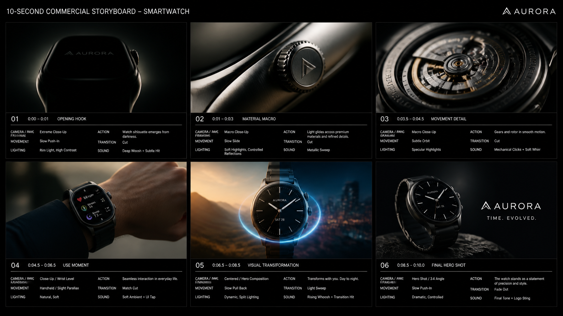 Create a 10-second cinematic product commercial storyboar...