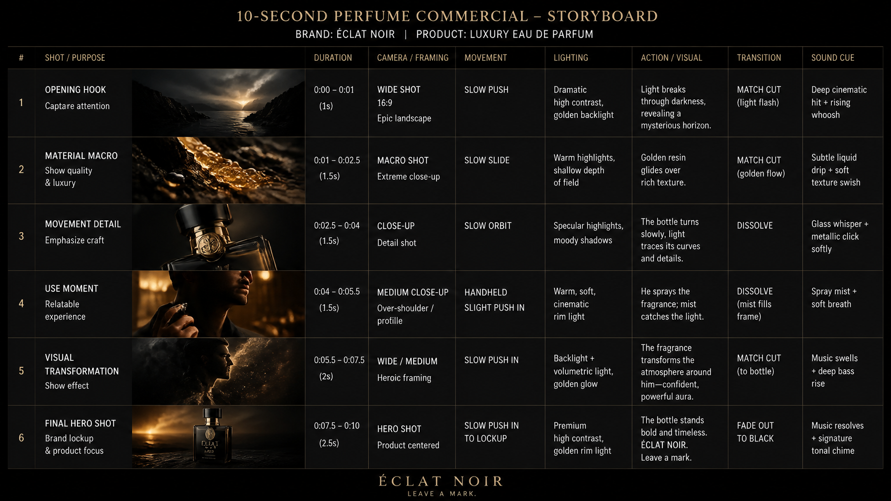 Create a 10-second cinematic product commercial storyboar...