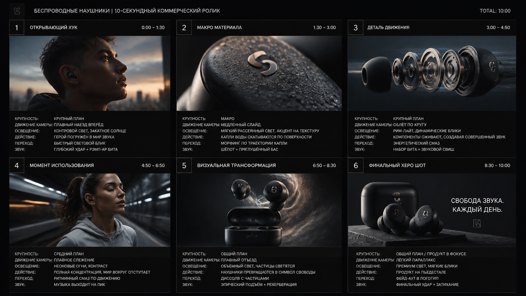 Create a 10-second cinematic product commercial storyboar...