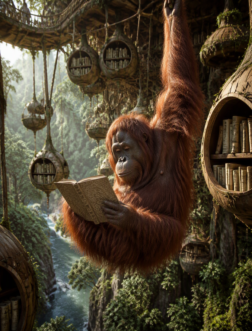 A photograph of an orangutan gracefully swinging within a...