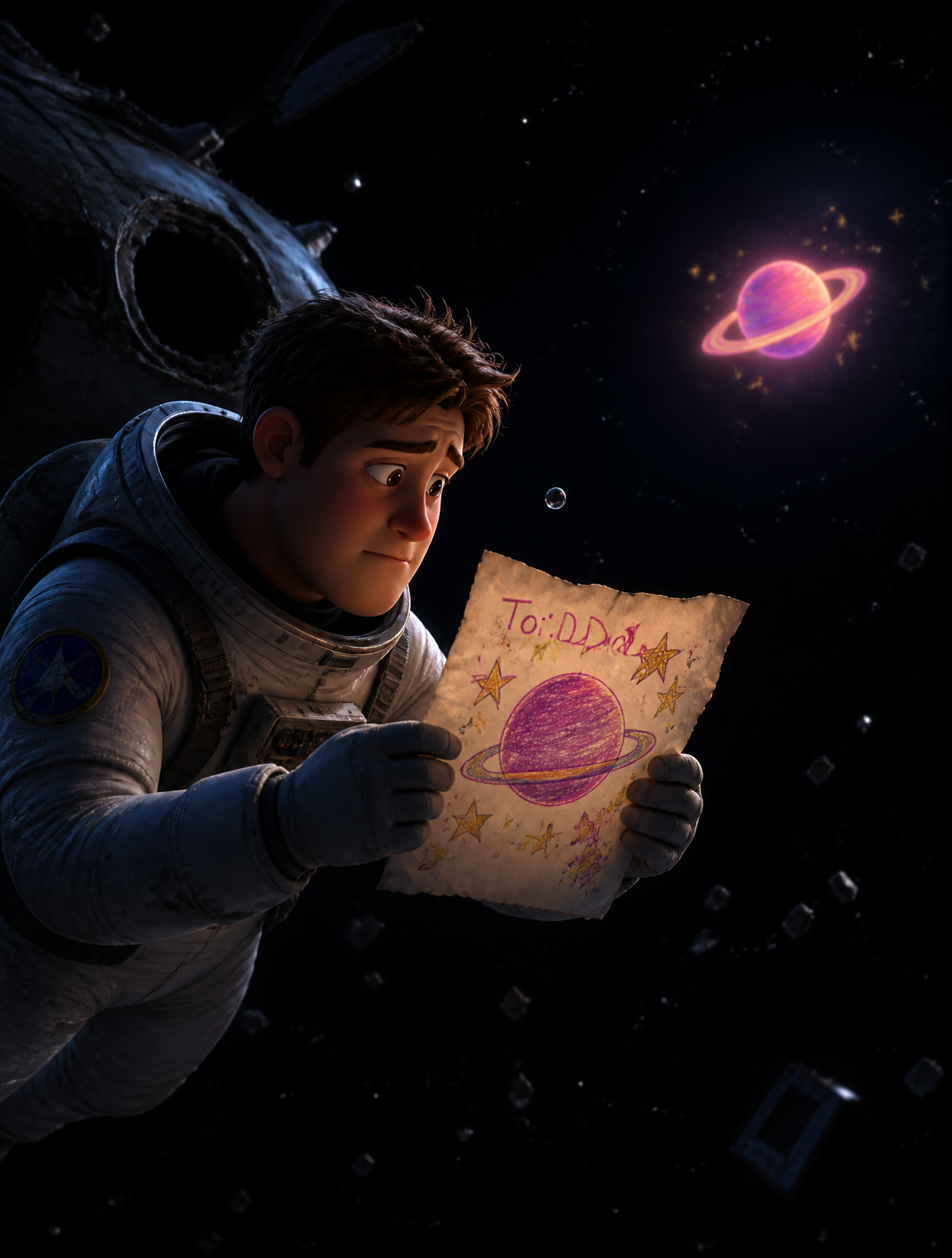 A young astronaut floats alone outside a broken spaceship...