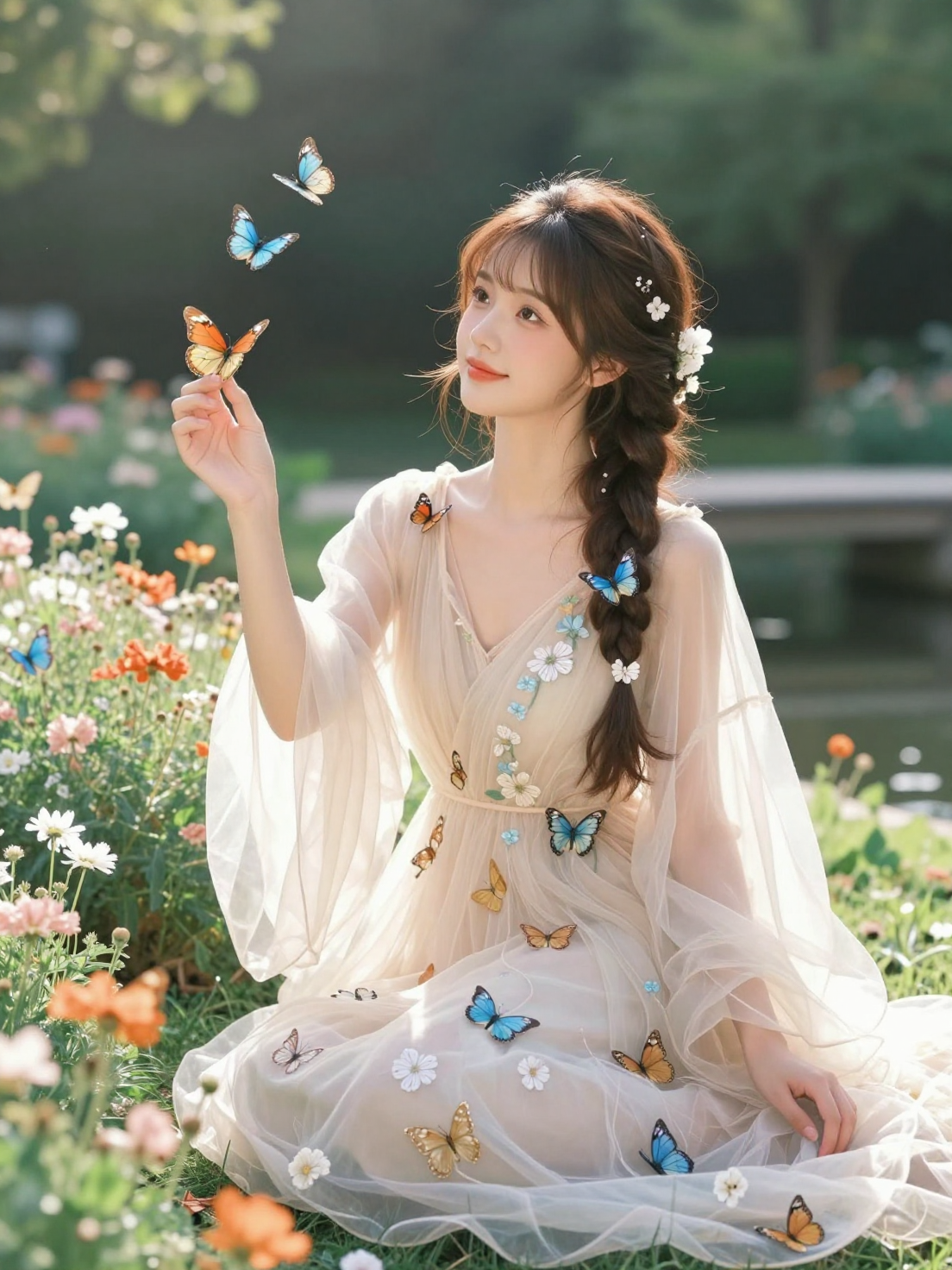 池に面した花園で、蝶と小花を刺繍した淡い生成り色の透明ドレスを着た若い女性が座り、手のひらへ蝶を迎える膝上ポートレ...