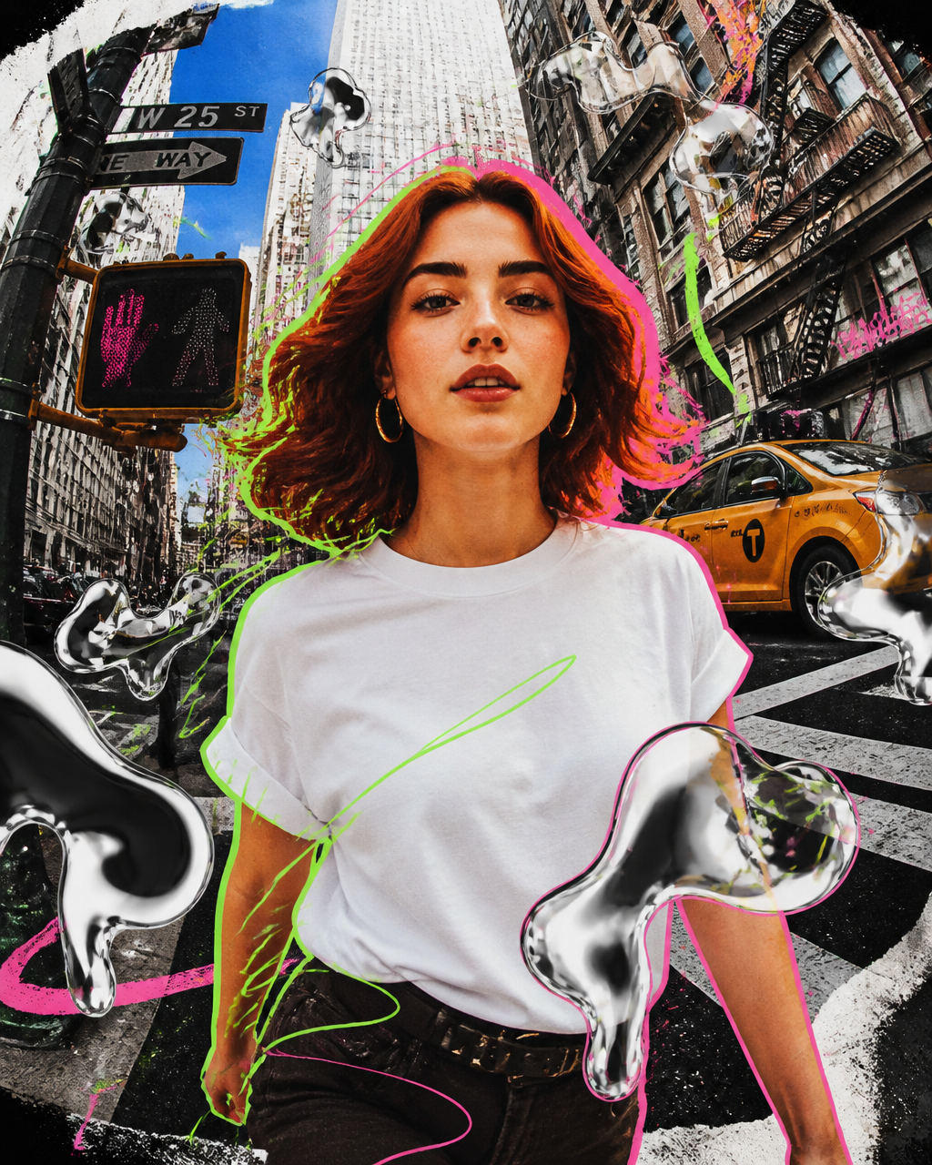 Mixed media collage animation style, a stylish young woma...