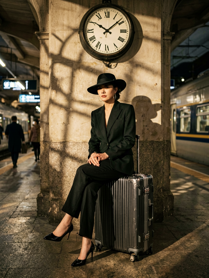 A woman in an elegant suit with black shoes and hat is si...