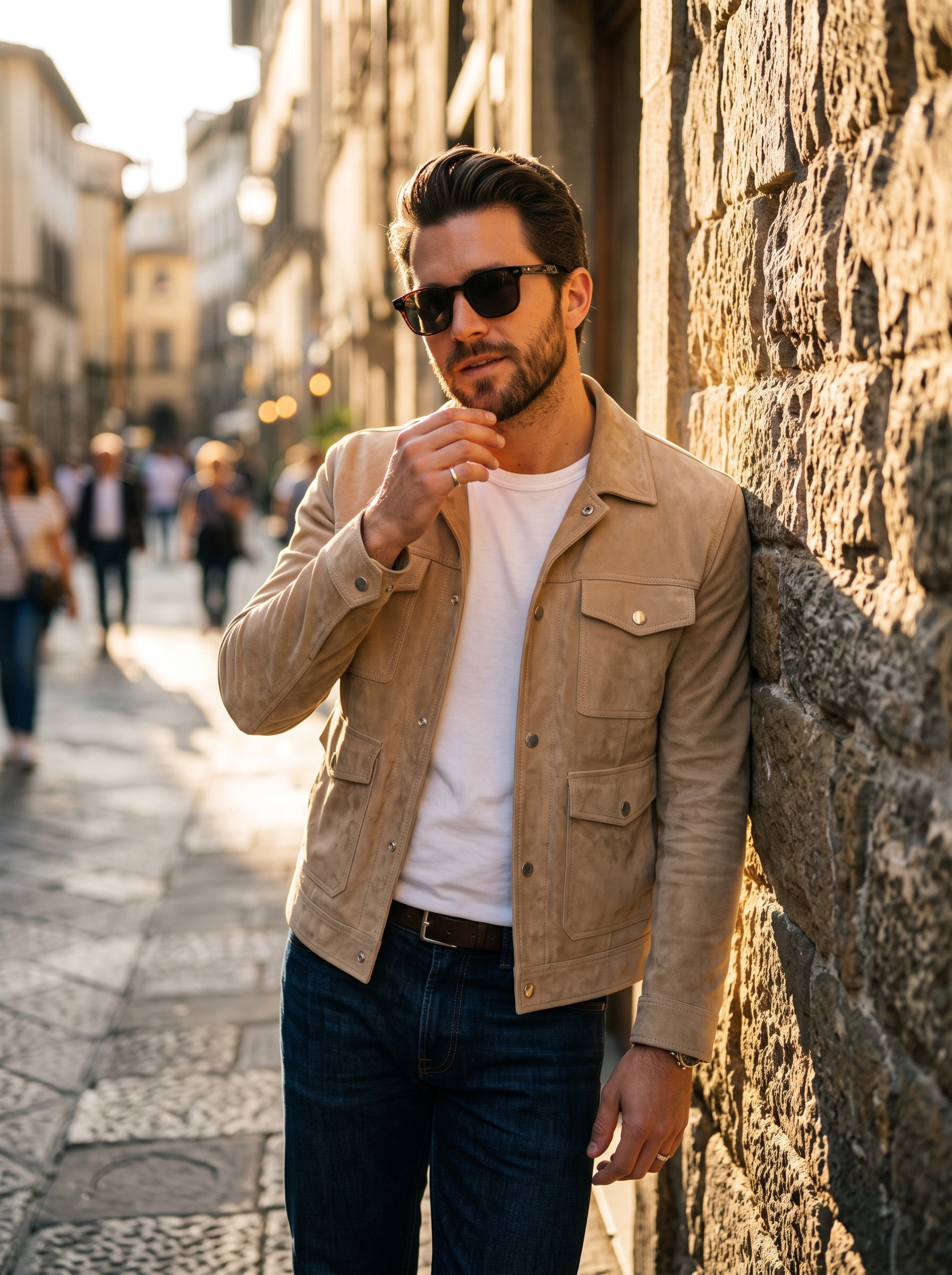 A cinematic golden hour portrait of a stylish man leaning...