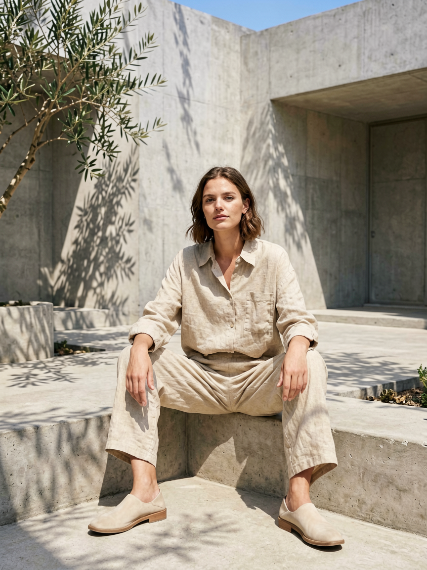 Minimalist lifestyle fashion ad, model wearing a relaxed-...