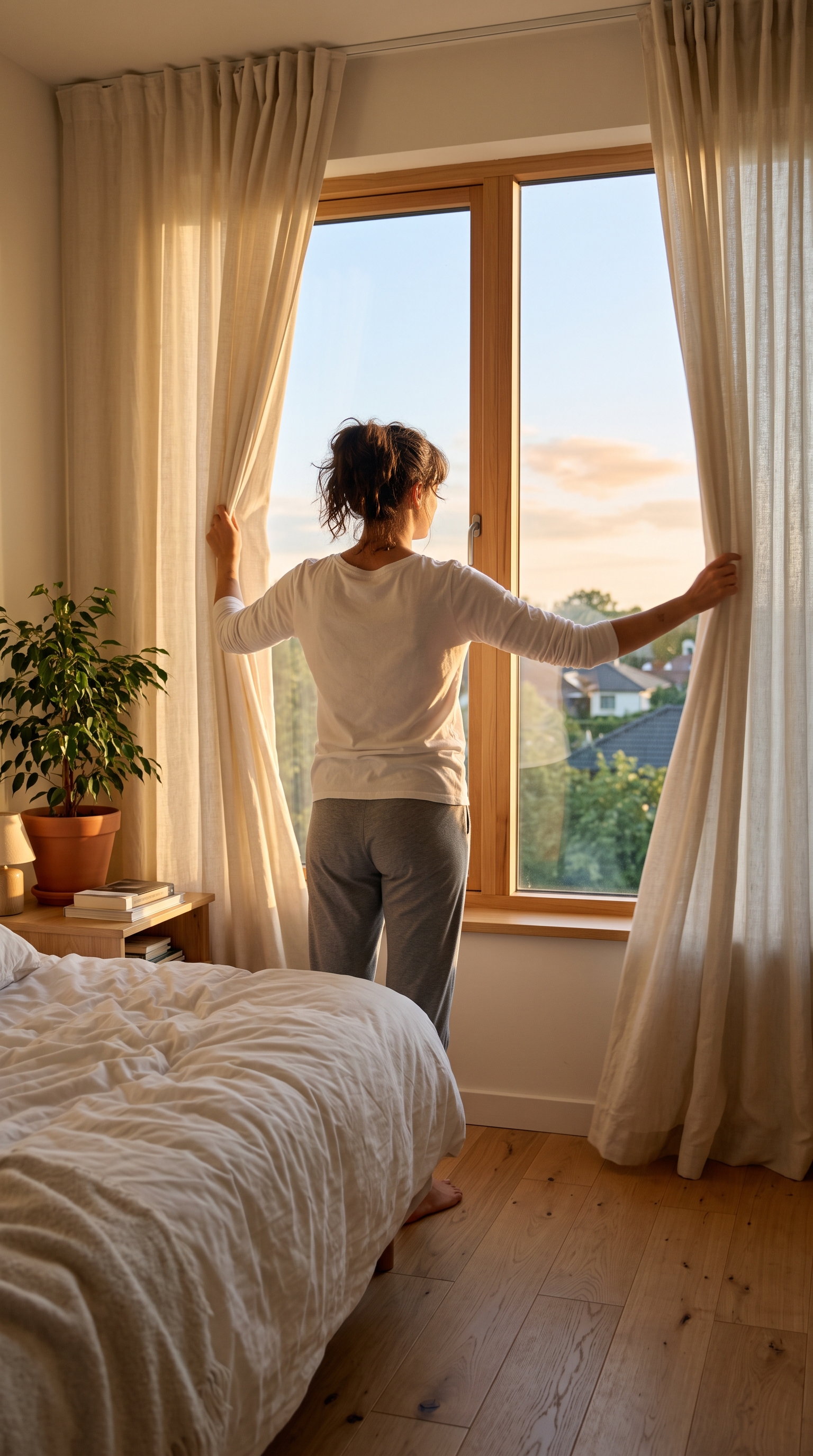 Photorealistic cinematic morning scene, a young person wa...
