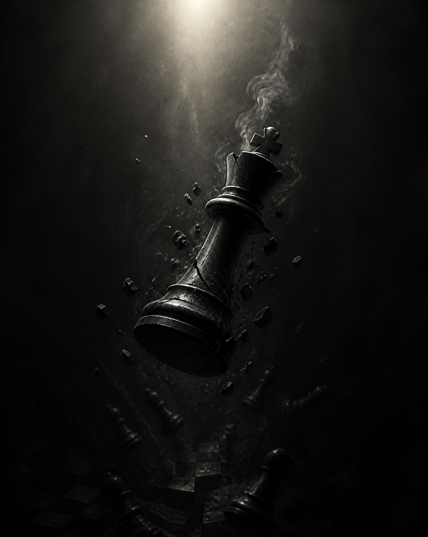 A highly detailed black chess king falling through an end...