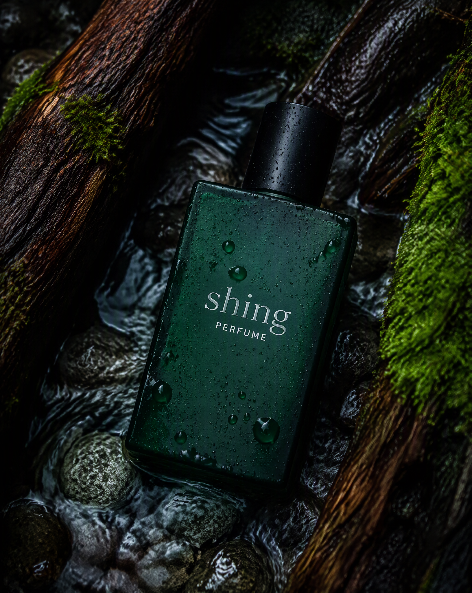 Product photography of a matte dark green rectangularperf...