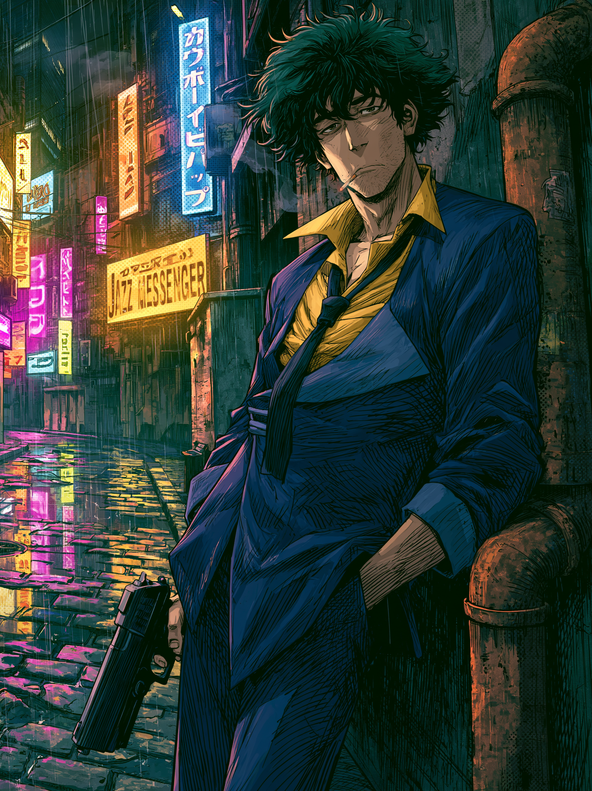 Spike Spiegel from Cowboy Bebop, standing and leaning aga...