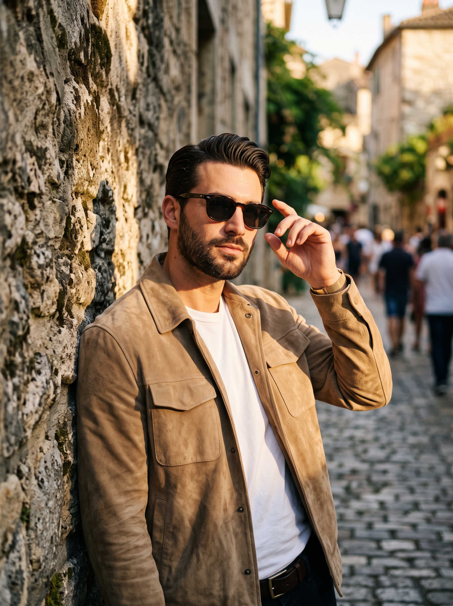 A cinematic golden hour portrait of a stylish man leaning...