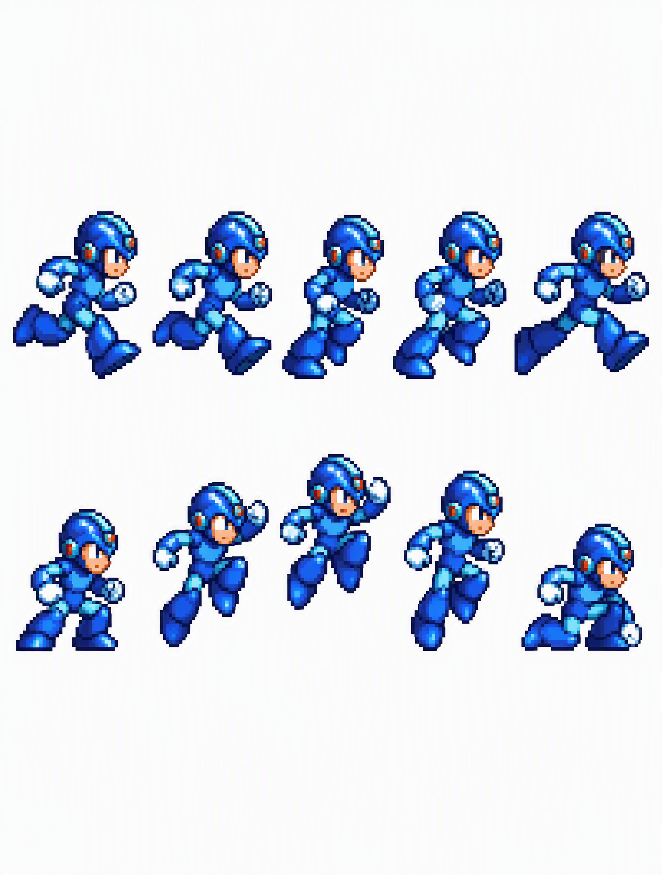 A retro 16-bit pixel-art sprite sheet presents ten blue-a...