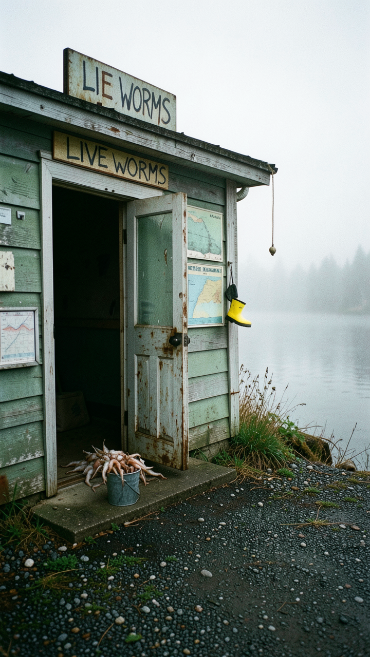 Abandoned bait shop, coastal fogOvercast morning in late ...