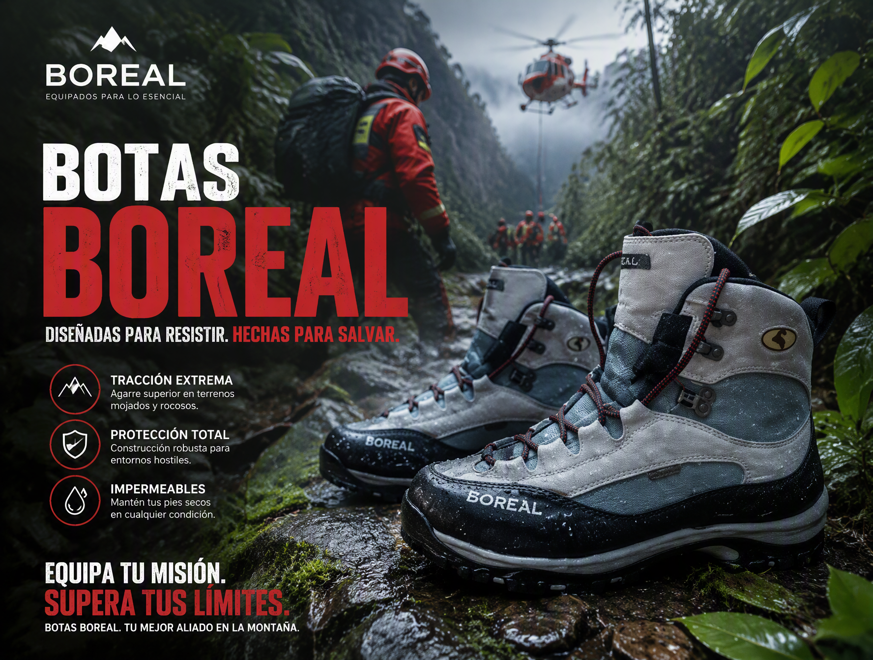 Crear un cartel publicitario de par de botas de montaña p...