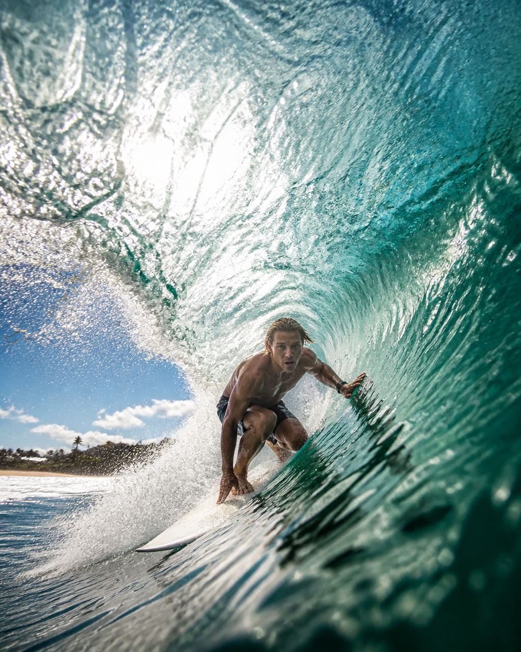 Create a dynamic cinematic sports photograph of a surfer ...