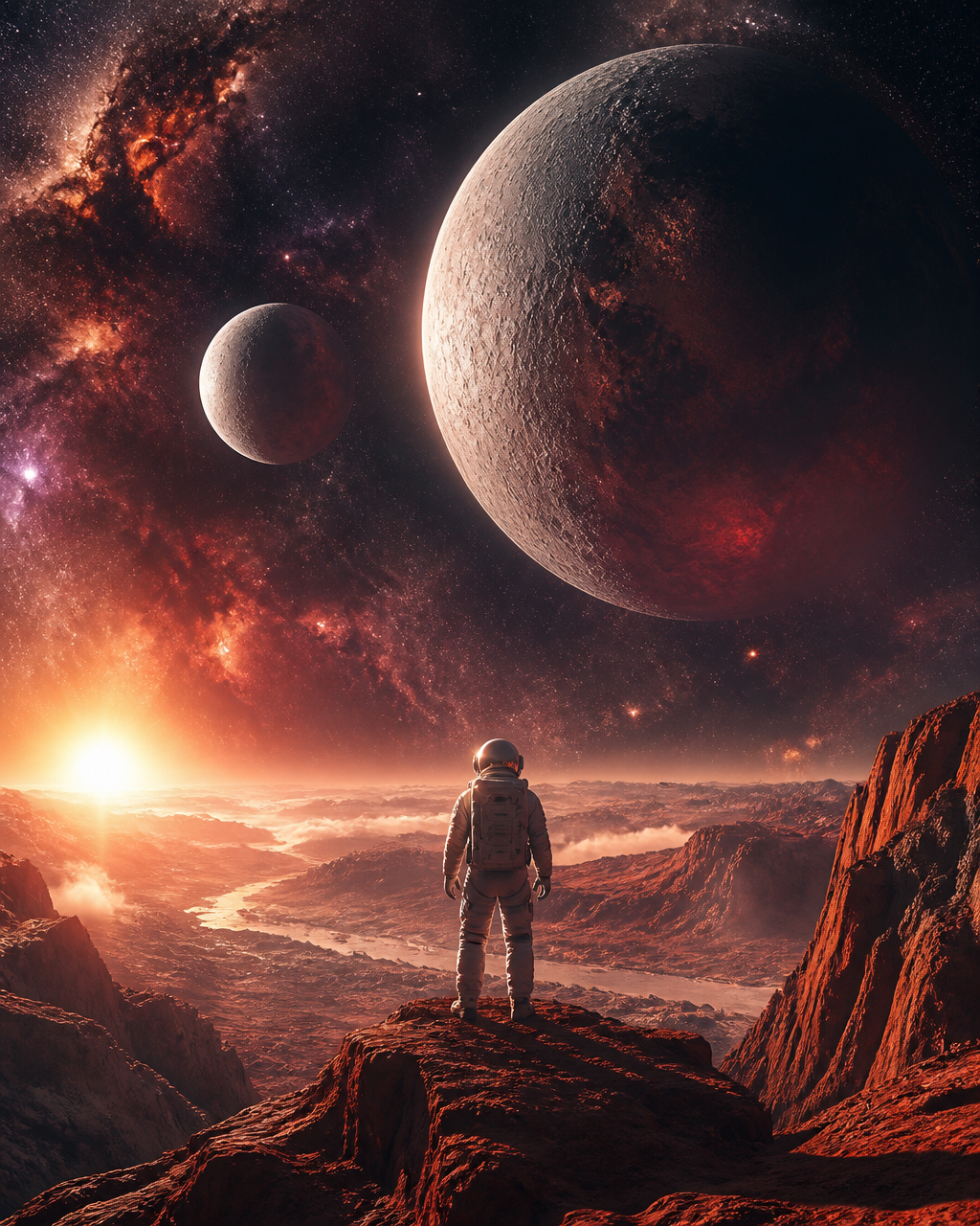 Create an epic cinematic photograph of a lone astronaut s...