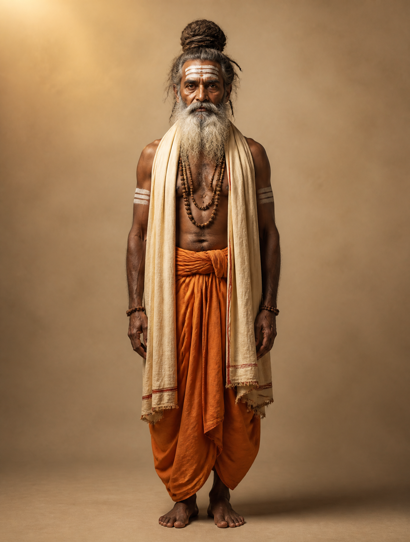 A dignified Hindu ascetic stands barefoot in a frontal fu...