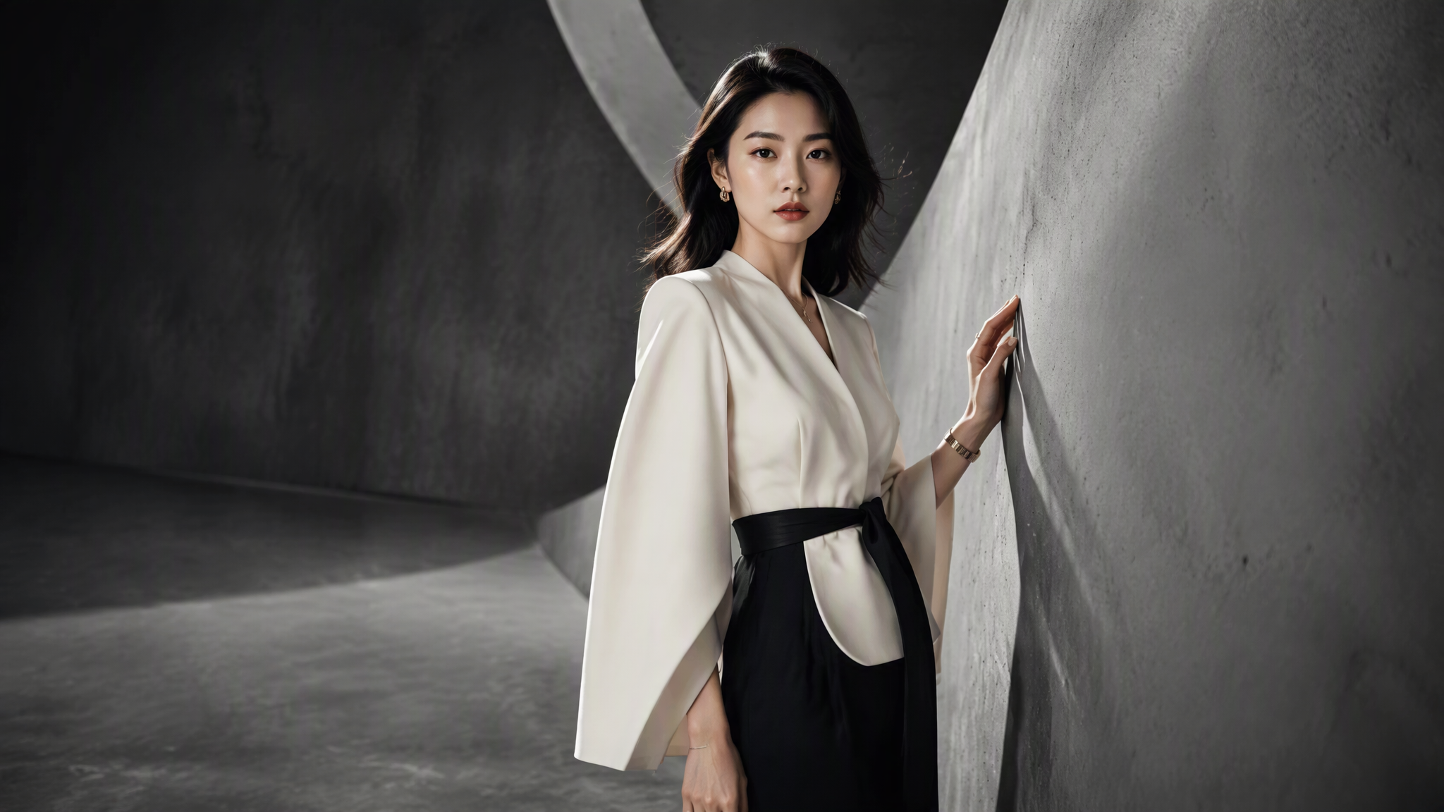 A stunning young Japanese woman in a high-end fashion stu...
