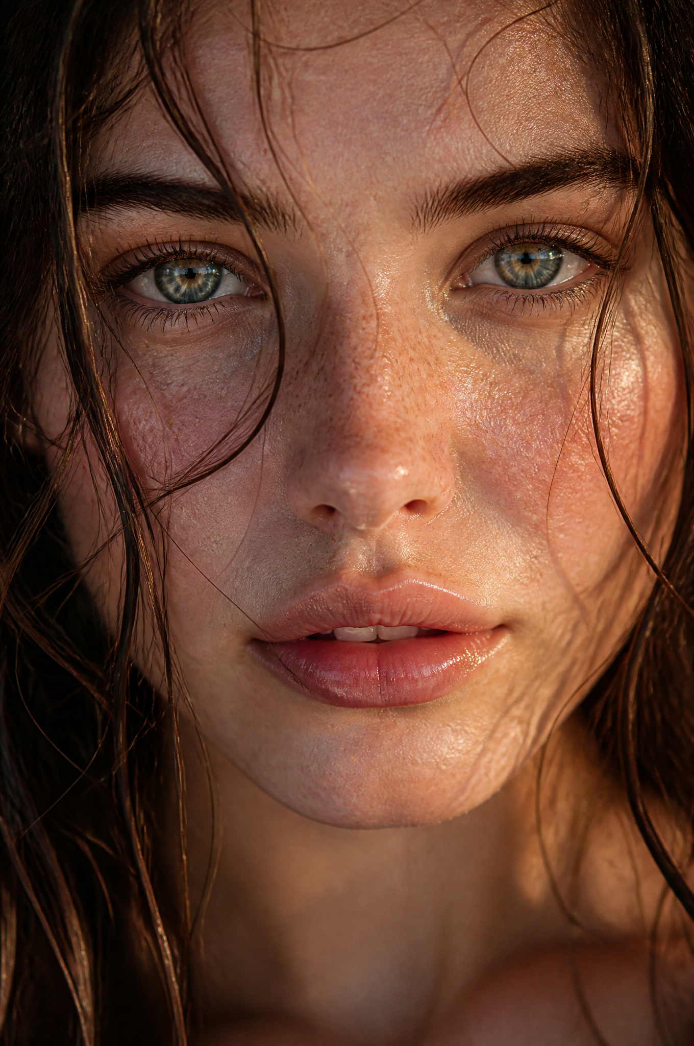 [Extreme macro close-up portrait of a young woman's face,...