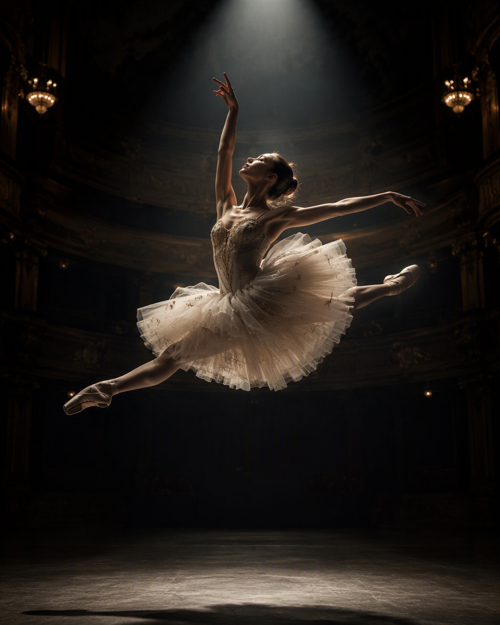 Create a cinematic fine-art photograph of a ballet dancer...