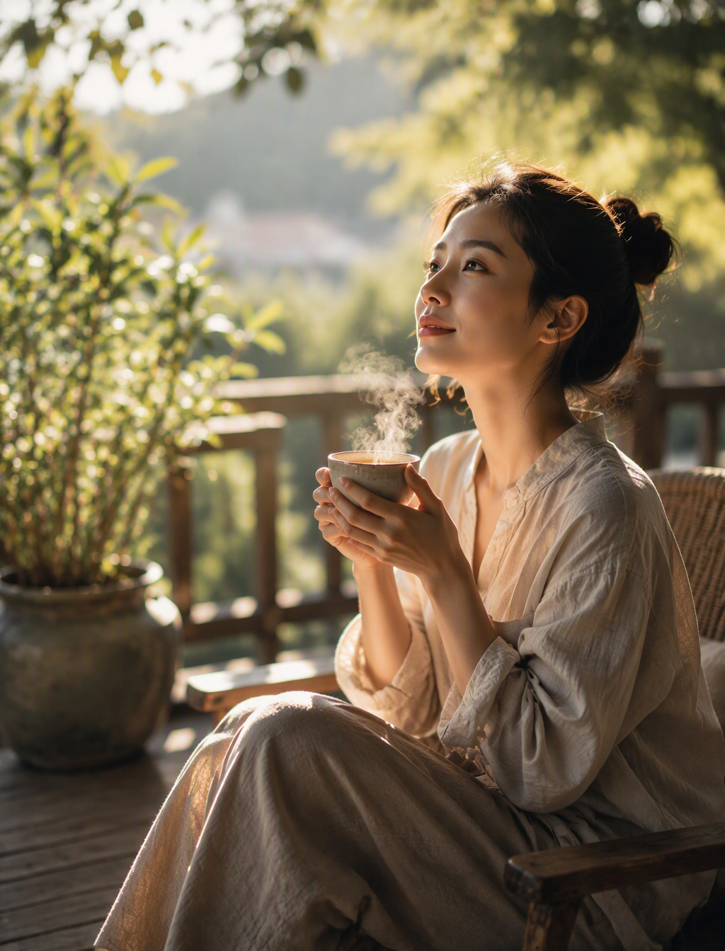 一个充满温暖与宁静的电影感场景。一位神情平和的女性正坐在阳光斑驳的露台上,手里捧着一杯冒着热气的清茶,细微的蒸汽在...