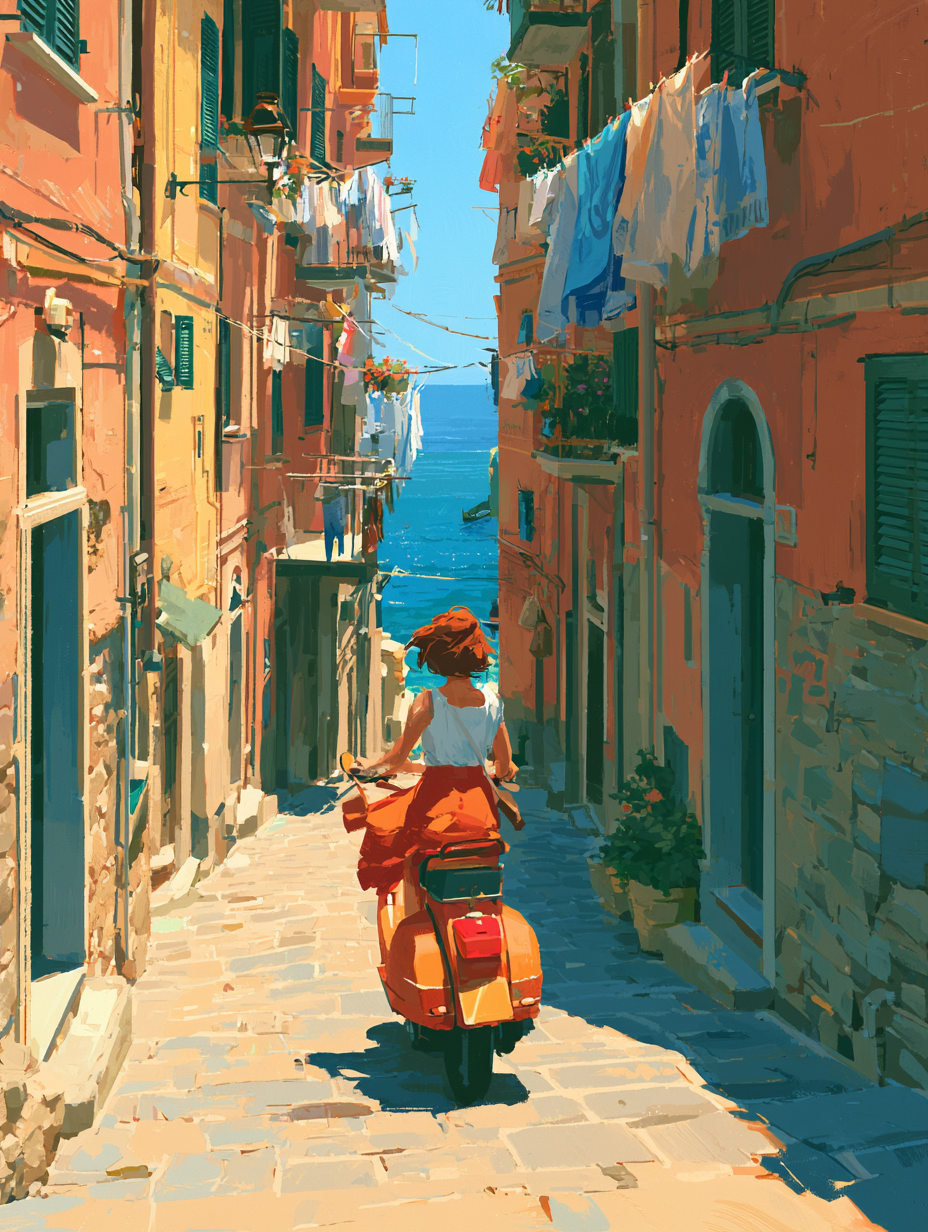 Vibrant travel scene of a person riding a vintage scooter...