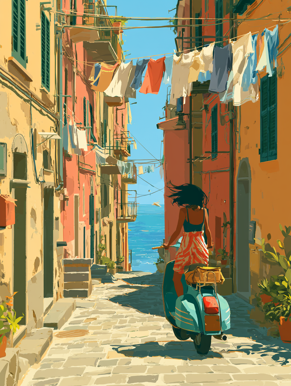 Vibrant travel scene of a person riding a vintage scooter... - alternate