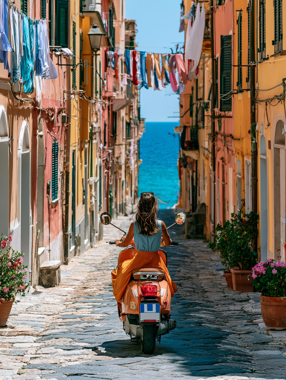 Vibrant travel scene of a person riding a vintage scooter... - alternate