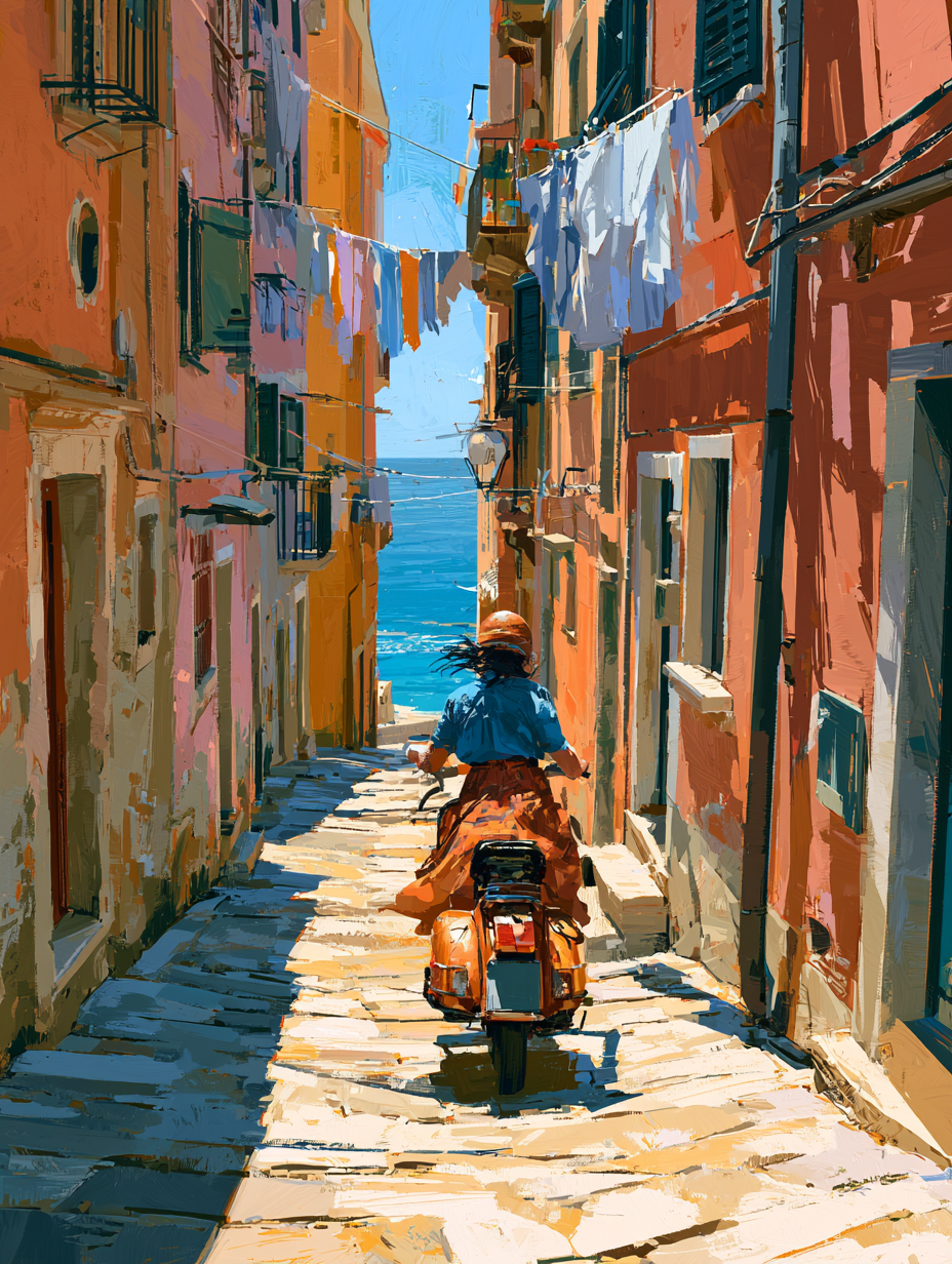 Vibrant travel scene of a person riding a vintage scooter... - alternate