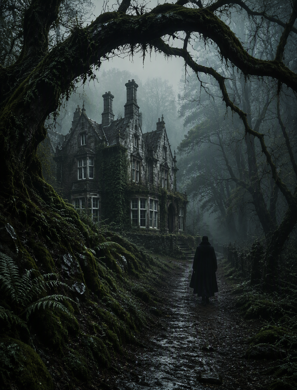 Sebuah lukisan pemandangan gotik yang atmosferik dan mist...