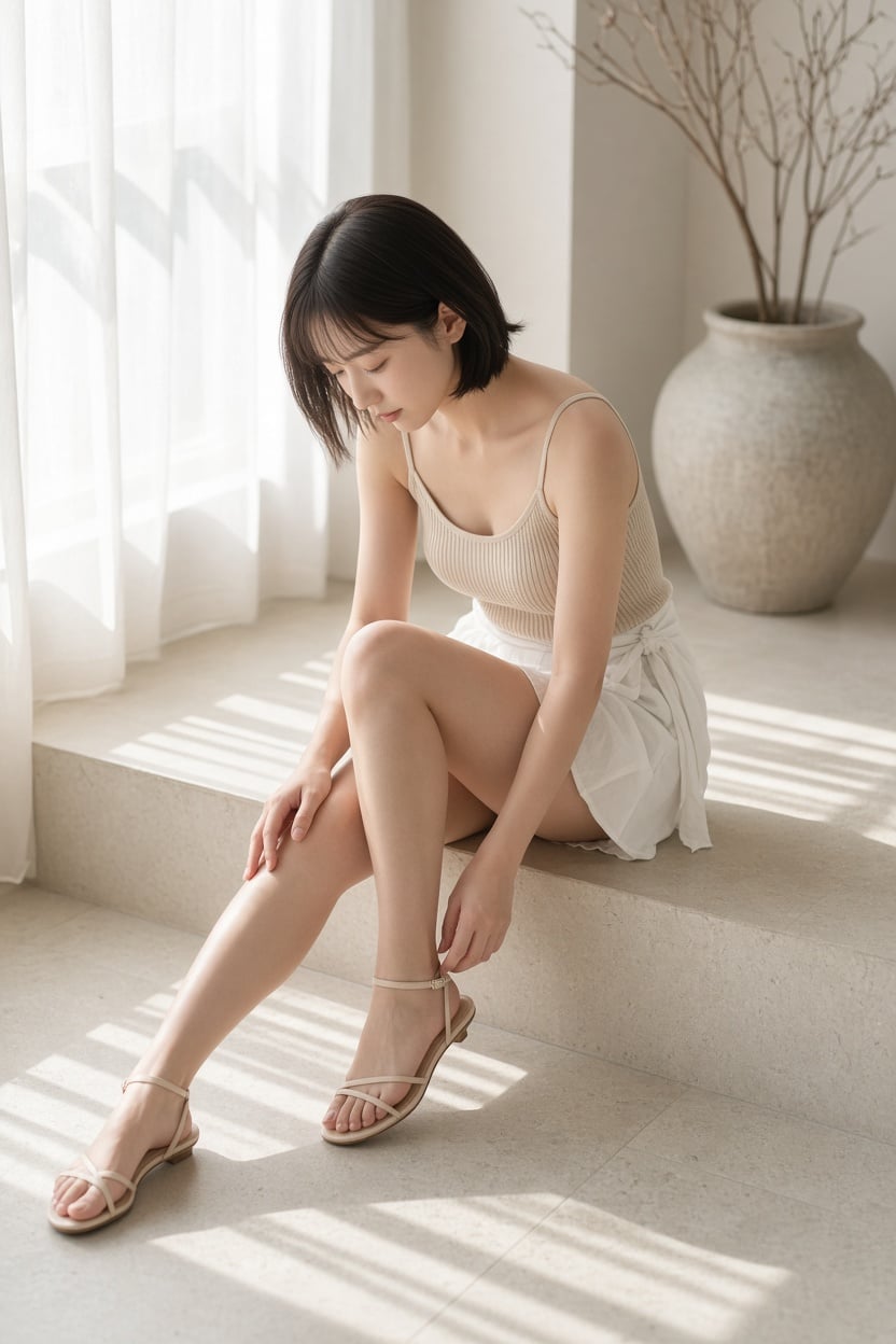 主題:朝窓で直すサンダル主体:画面中央、明るい大窓のそばの段差に座った女性が、うつむいて右足の細いサンダルへ手を伸...