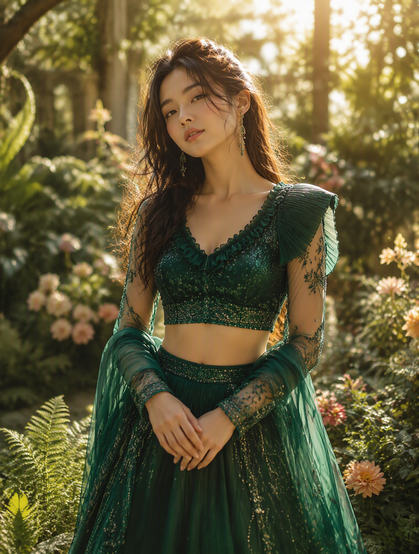 A poised young woman stands in a lush botanical garden, f...