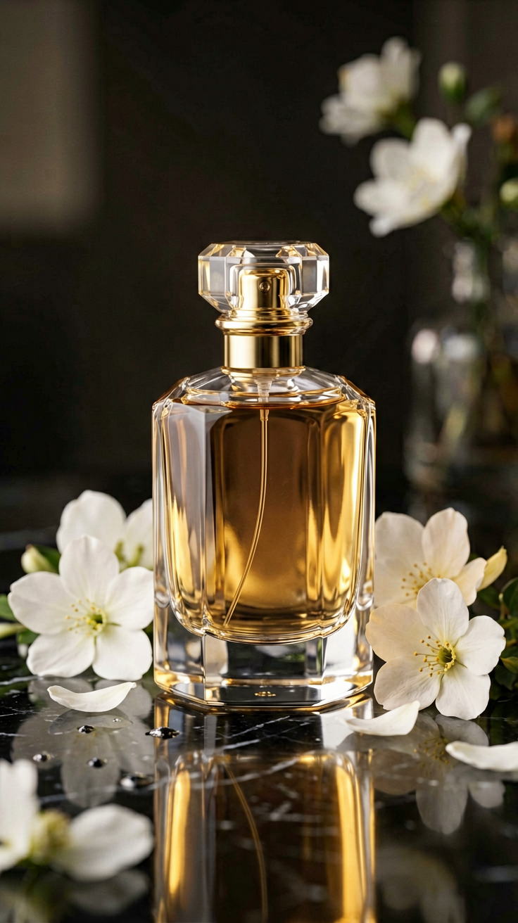 Luxury perfume bottle on a black marble surface with deli...