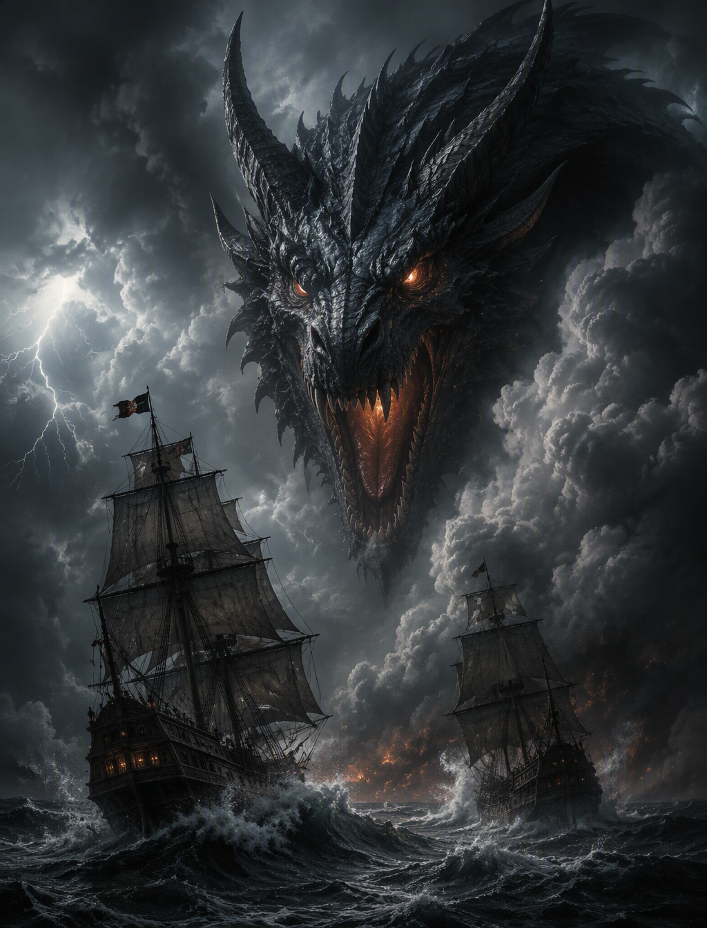 A picture of a massive, menacing dragon peering out from ...
