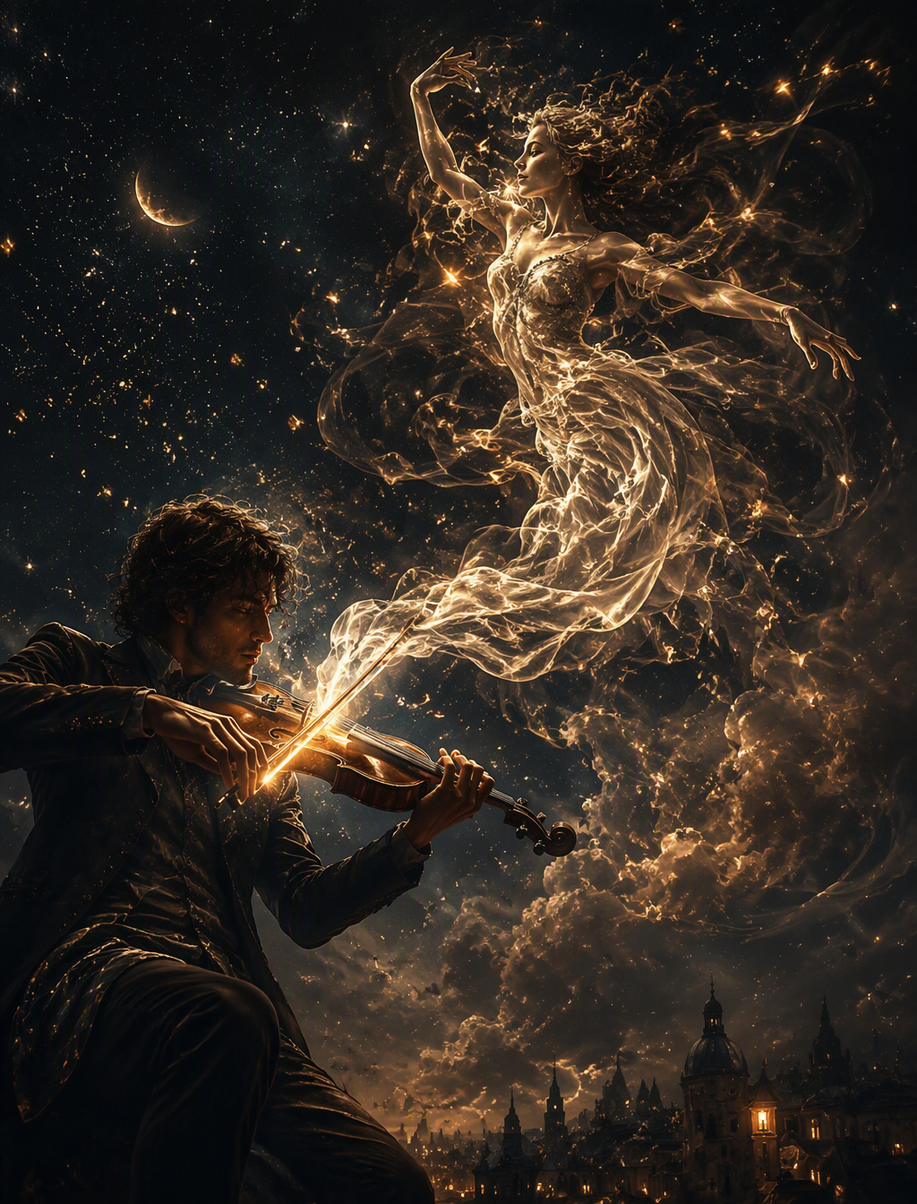 A captivating cinematic image of a musician, bathed in so...