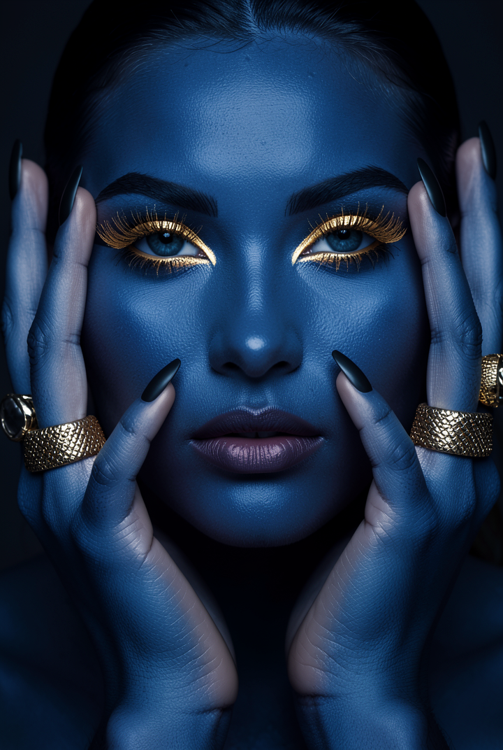 High-fashion beauty portrait, deep blue-toned skin, thick...