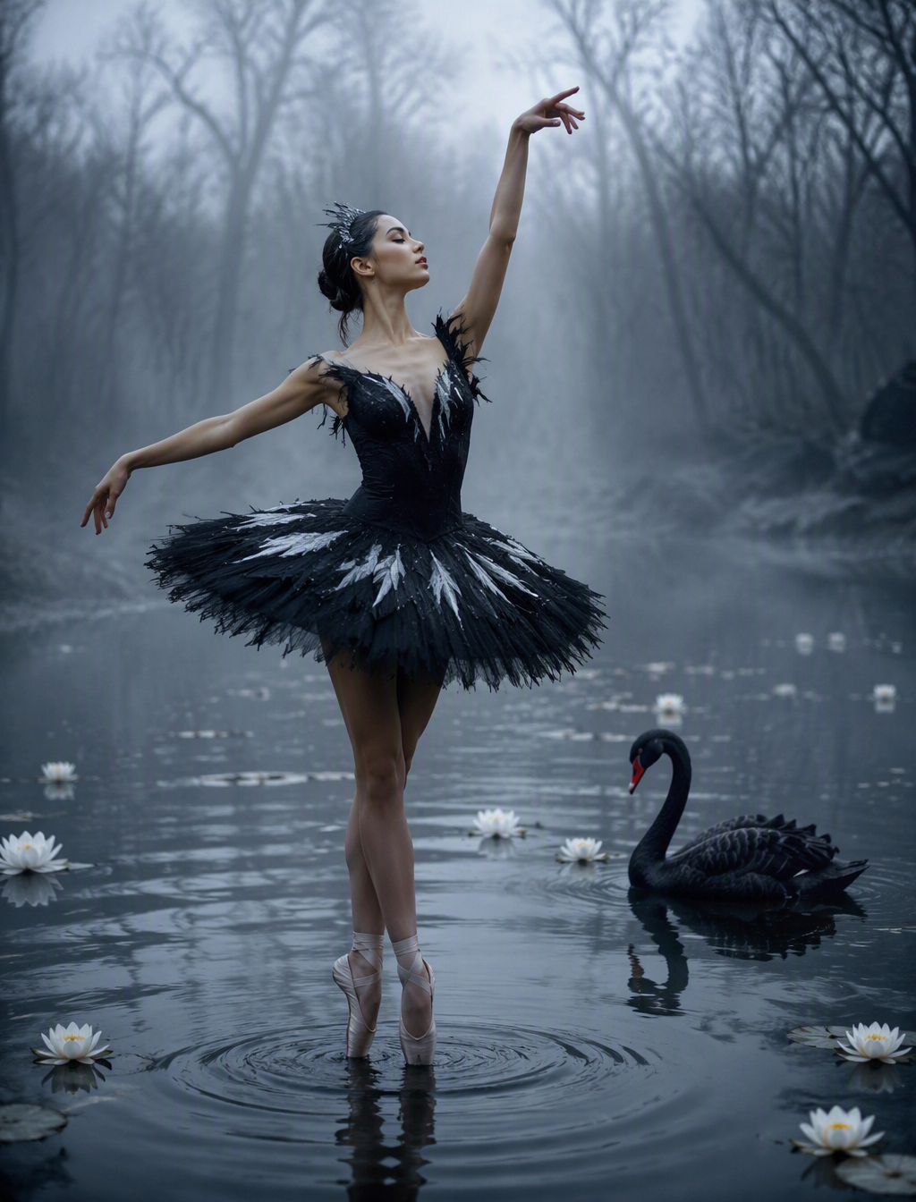 A ballerina gracefully dancing in the middle of a tranqui...