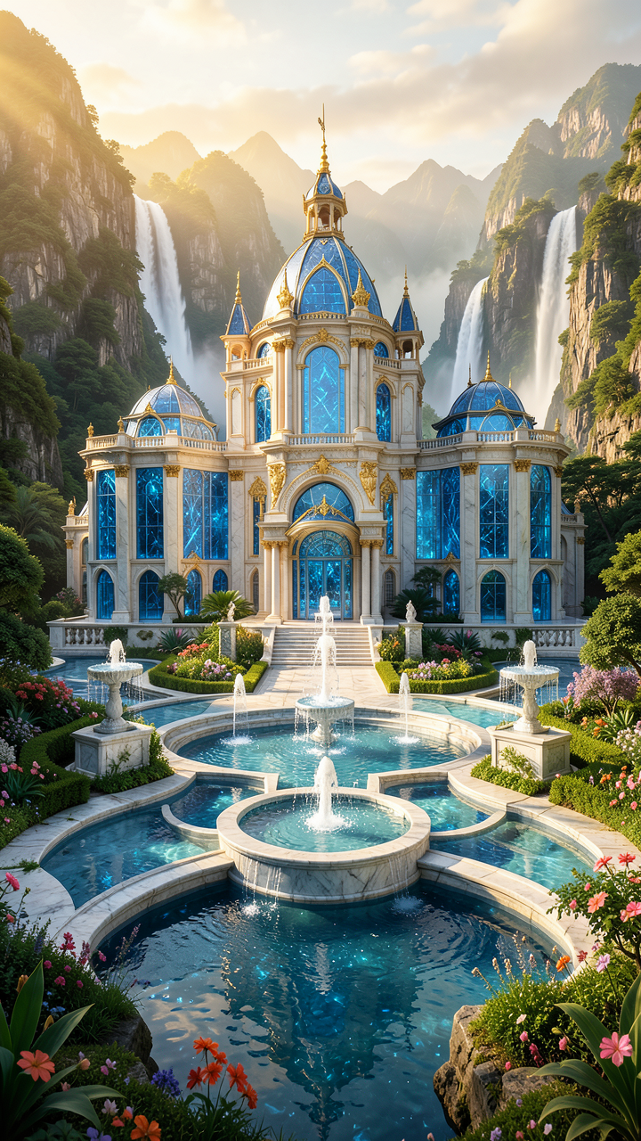 Ultra realistic royal sapphire palace surrounded by mount...