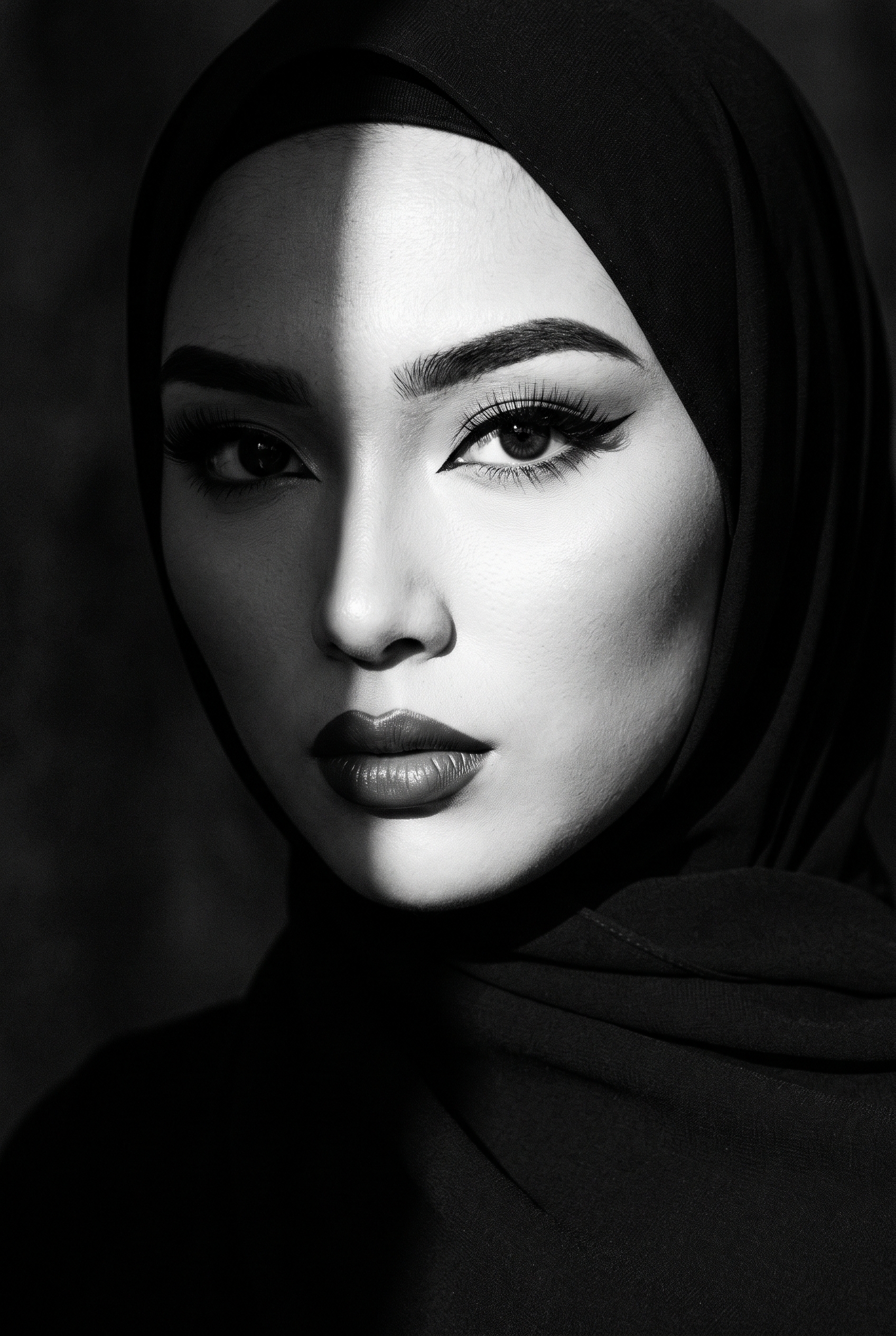 A stunning, high-contrast black and white editorial portr...