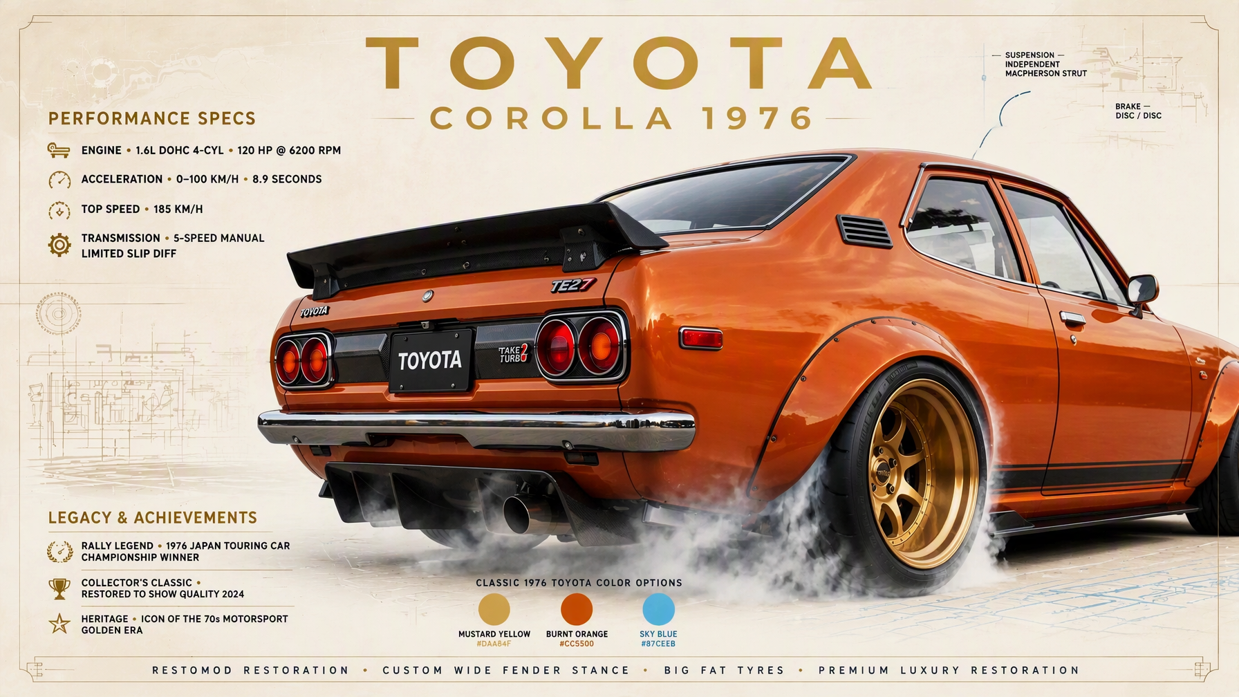 Photorealistic poster of a 1976 Toyota Corolla restomod, ...